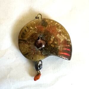 2.5" Rainbow Ammonite Fossil Shell Pendant w/ Natural Black & Red Pearl Accents
